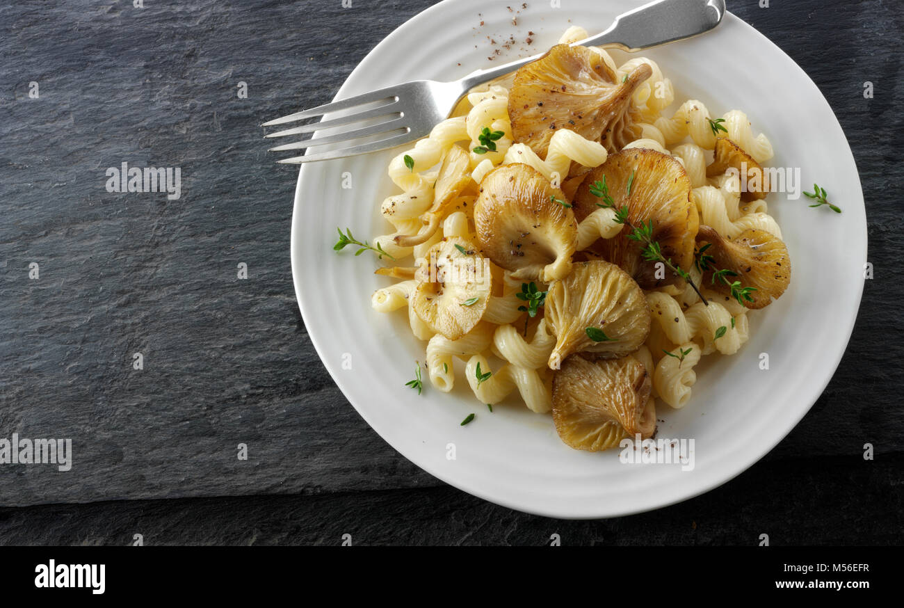 Sautierte gelbe Austernpilz mit Cavatappi Pasta auch bekannt als Cellentani, Amori, Spirali, Tortiglioni oder Fusilli rigati Stockfoto