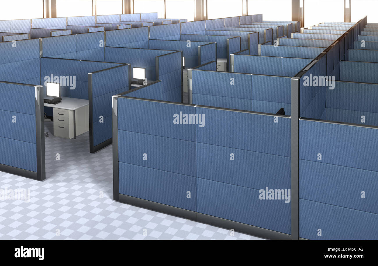 3D-Rendering des Inneren von einem leeren Büro mit Duschkabinen. Stockfoto