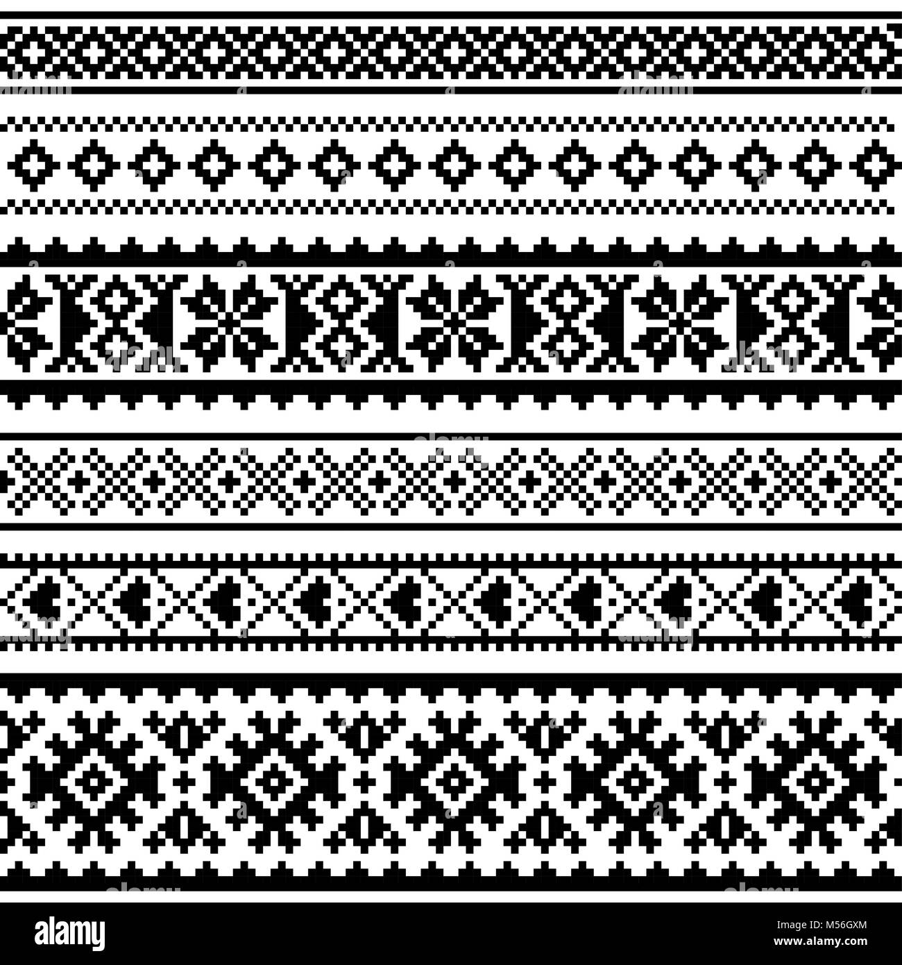Sami Vektor nahtlose Muster, Lappland, traditionelle Volkskunst Stricken und Sticken Schwarzweiß-Design Stock Vektor