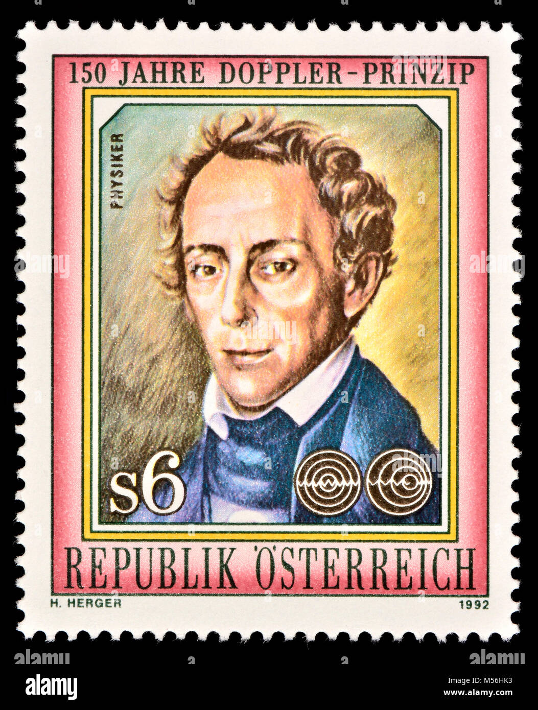 Österreichische Briefmarke (1992): Christian Andreas Doppler (1803 - 1853), österreichischer Mathematiker und Physiker. Er ist bekannt für seine Prinzip - Kno Stockfoto