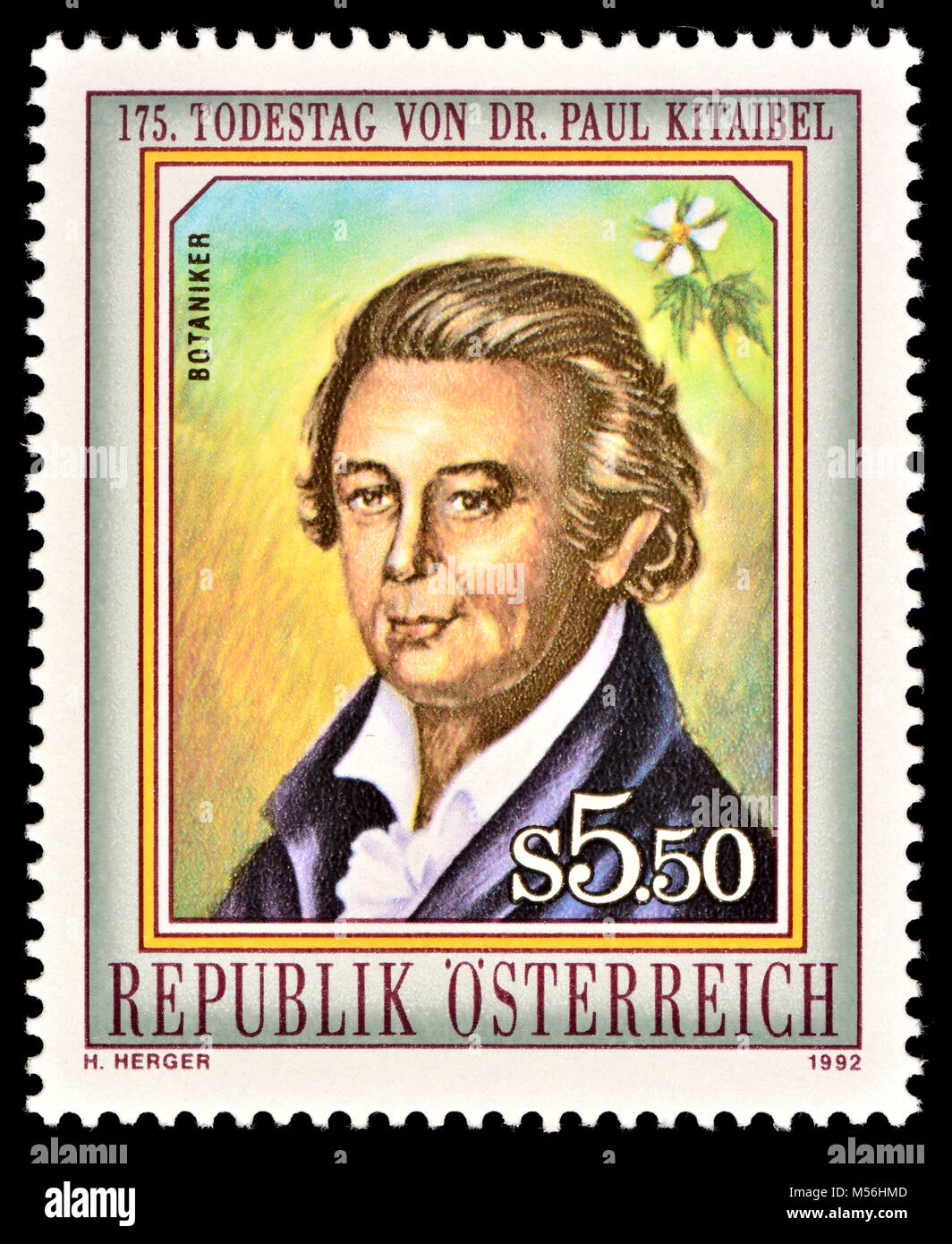 Österreichische Briefmarke (1992): Pál Kitaibel (Paul) (1757-1817) ungarischer Botaniker und Chemiker. Stockfoto
