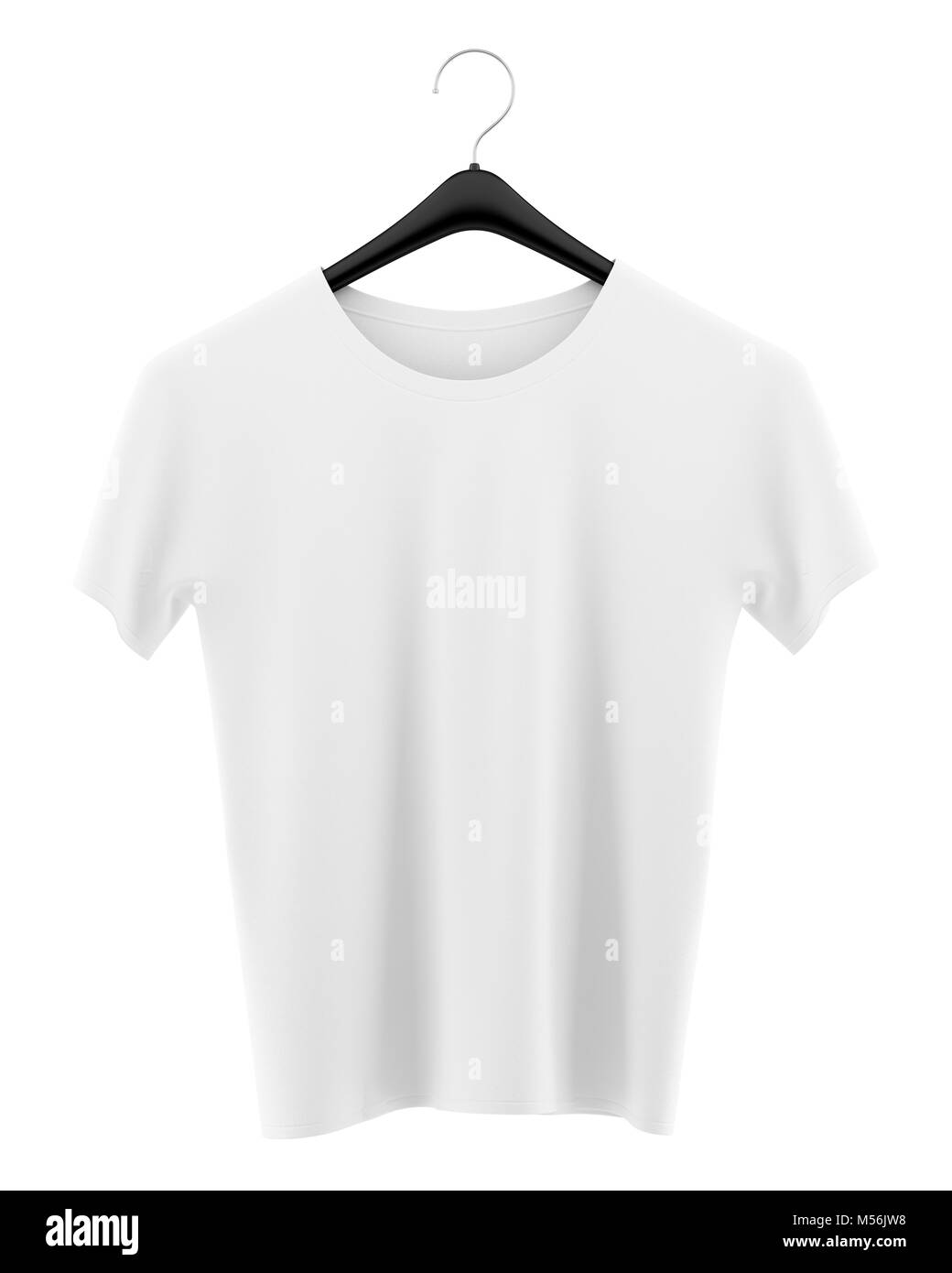 T-Shirt auf Kleiderhaken auf weißem Hintergrund Stockfoto