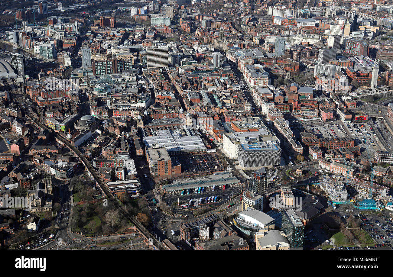 Luftaufnahme des Leeds City Centre Skyline, West Yorkshire, UK Stockfoto