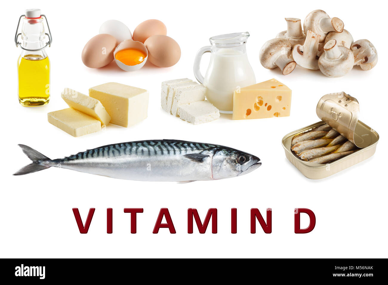 Lebensmittel, die reich an natürlichem Vitamin D wie Makrele, Eier, Käse, Milch, Butter, Pilze, Sardinen, Lebertran Stockfoto