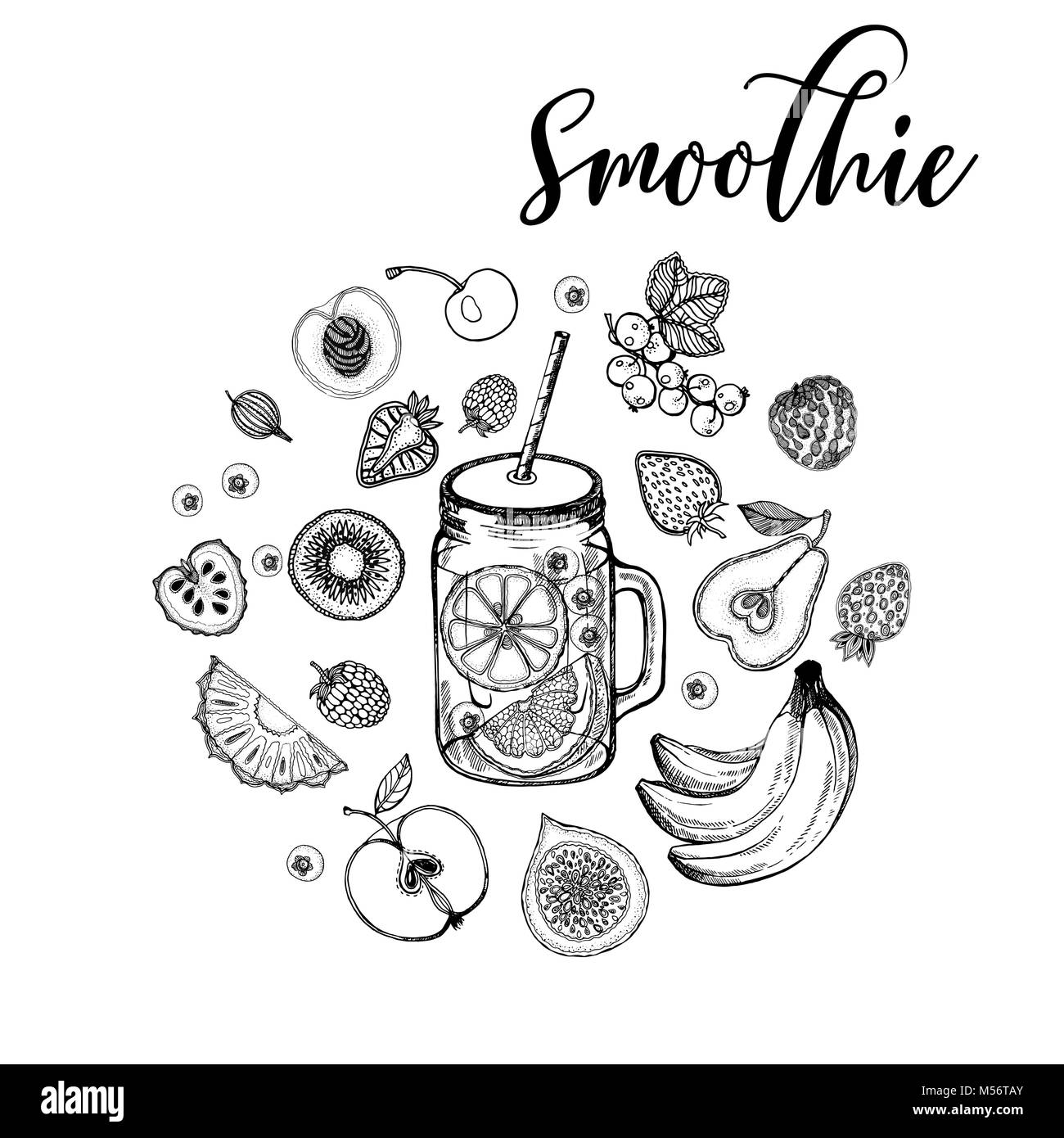 Satz von Hand gezeichnete Skizze stil Smoothie mit Früchten. Isolierte Vector Illustration. Stock Vektor