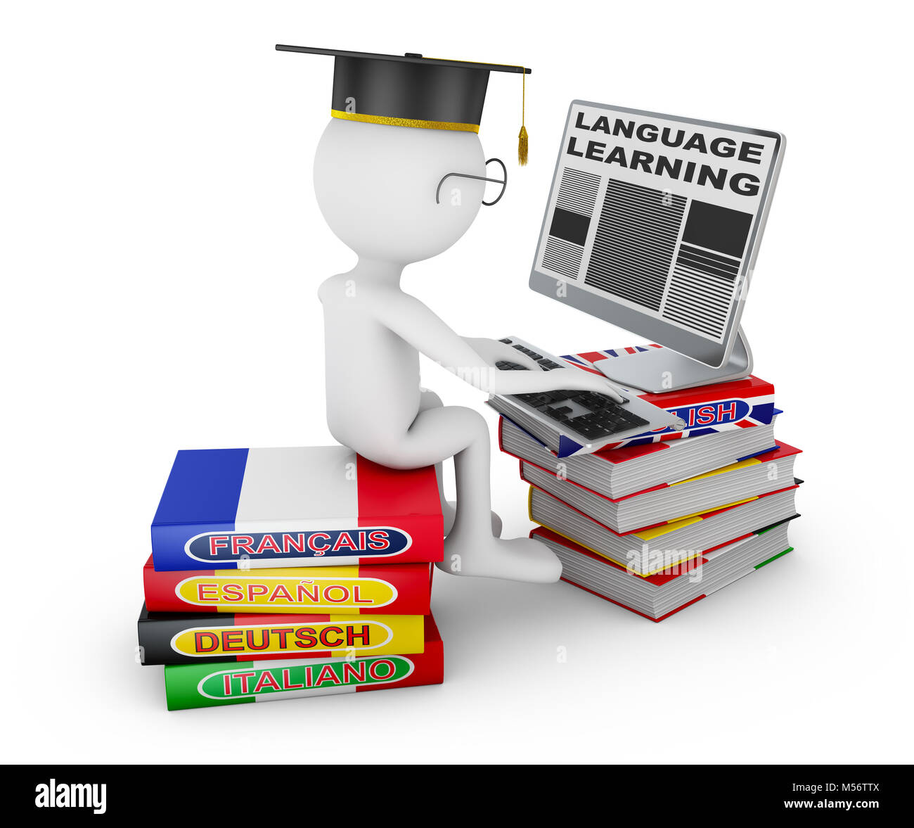 Mann sitzt auf Wörterbücher Studium einer fremden Sprache auf einem Computer. 3D-Rendering mit Freistellungspfaden. Stockfoto