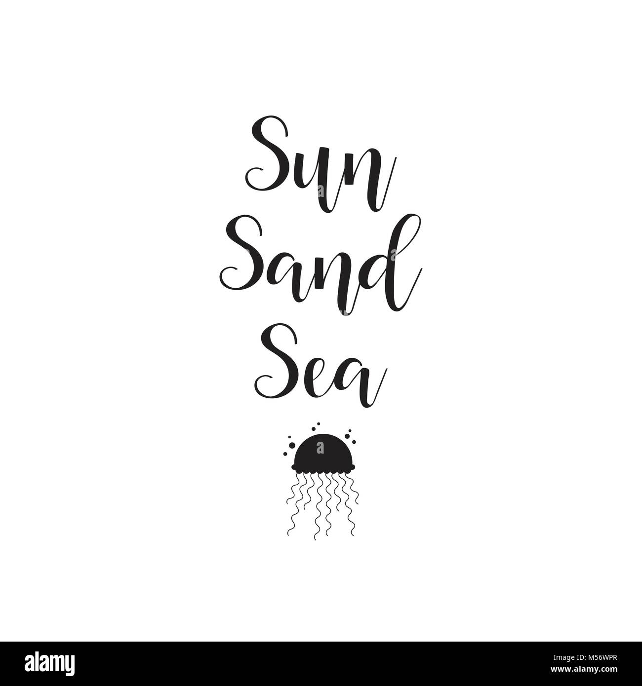 Sonne, Meer, Sand. Sommer-Schriftzug. Design für Banner, Plakat, Karte, Einladung Flyer Broschüre t-shirt Vector Stock Vektor