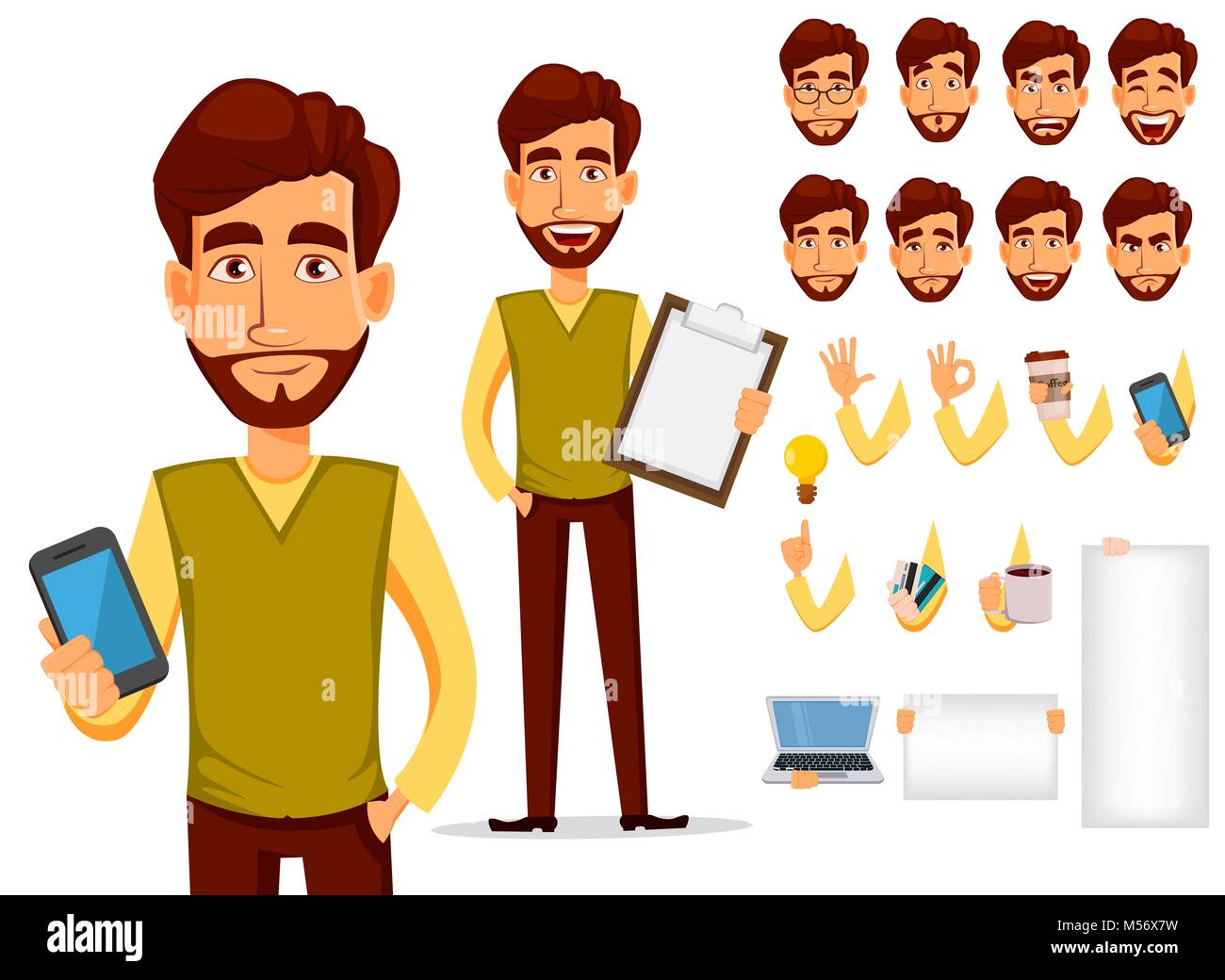 Pack von Teilen des Körpers und der Gefühle. Vektor Charakter Illustration im Cartoon Stil. Business Mann mit Bart, Cartoon Character Creation eingestellt. Junge handso Stock Vektor