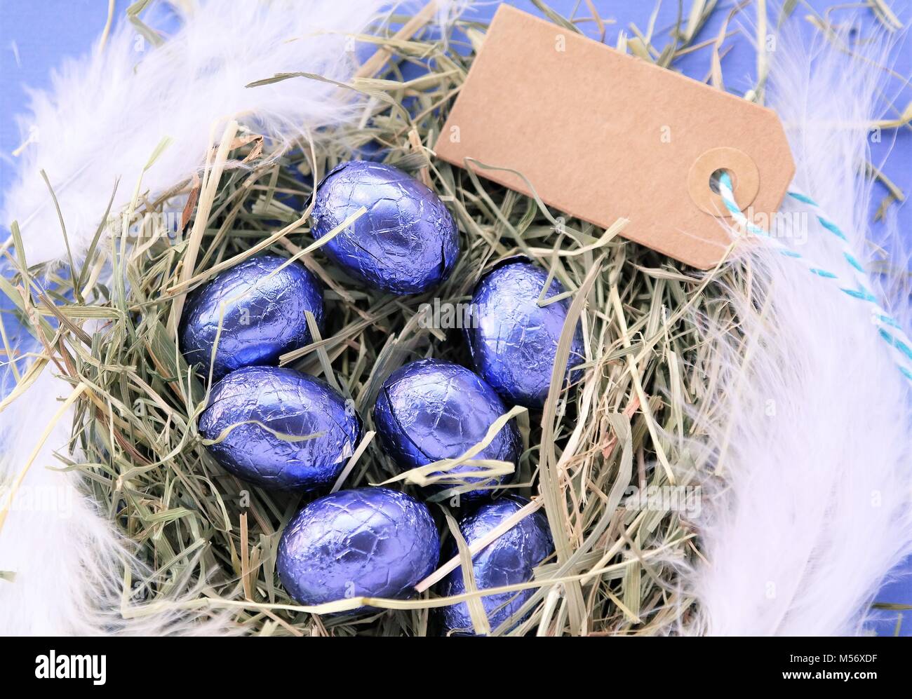 Eine Reihe von glänzenden Ostern Schokolade Eier, in Lila farbige Folie umwickelt. Kreative Ostern Konzept mit einem Nest aus Heu und weißen Federn. Und eine kleine Pa Stockfoto
