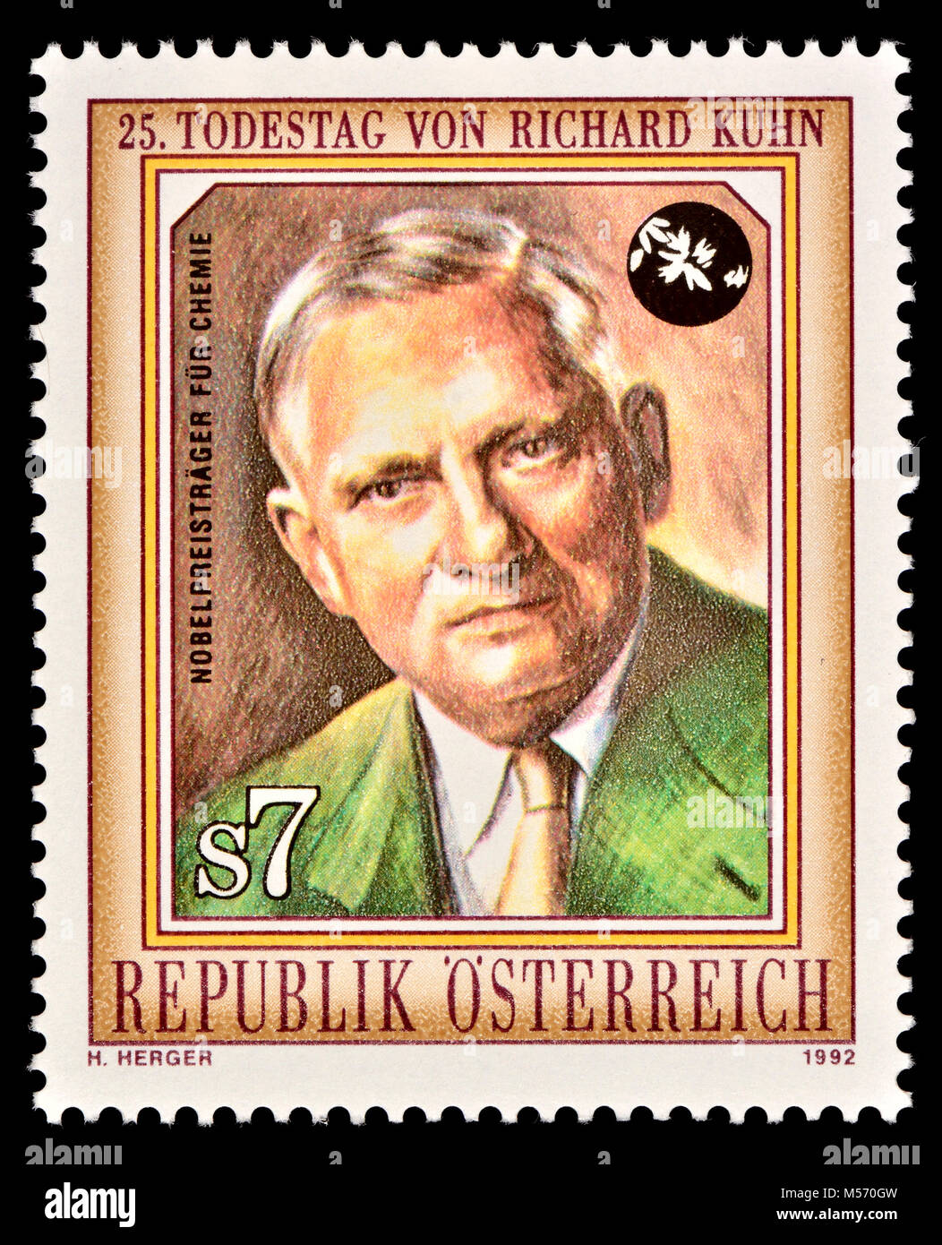 Österreichische Briefmarke (1992): Richard Johann Kuhn (1900-1967), österreichisch-deutschen Biochemiker der Nobelpreis für Chemie verliehen 1938' für seine wor Stockfoto