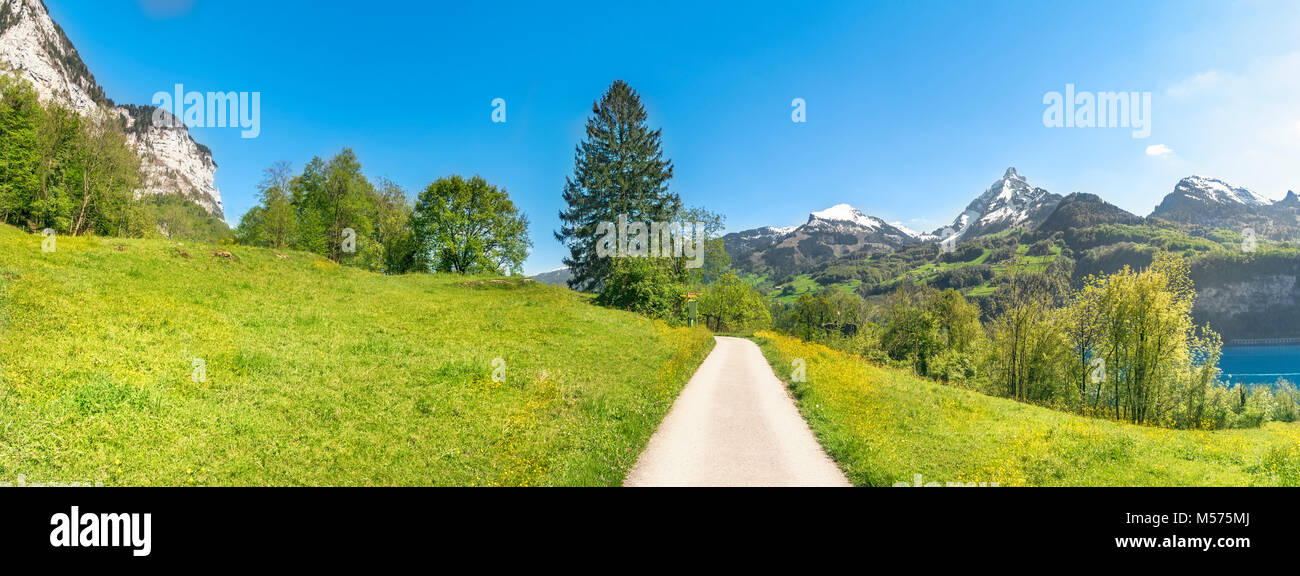Alpine Gasse überqueren, grüne Wiesen, in den Alpen, an einem sonnigen Tag im Frühling, im Kanton St. Gallen, Schweiz, über dem Walensee. Stockfoto
