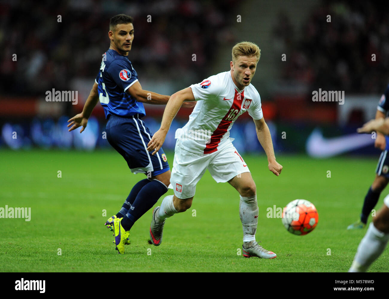 Warschau, Polen - 7. SEPTEMBER 2015: EURO 2016 EURO Frankreich Fußball-Cup Qualifier Polen vs Gibraltar o/p Joseph Chipolina Jakub Blaszczykowski Stockfoto