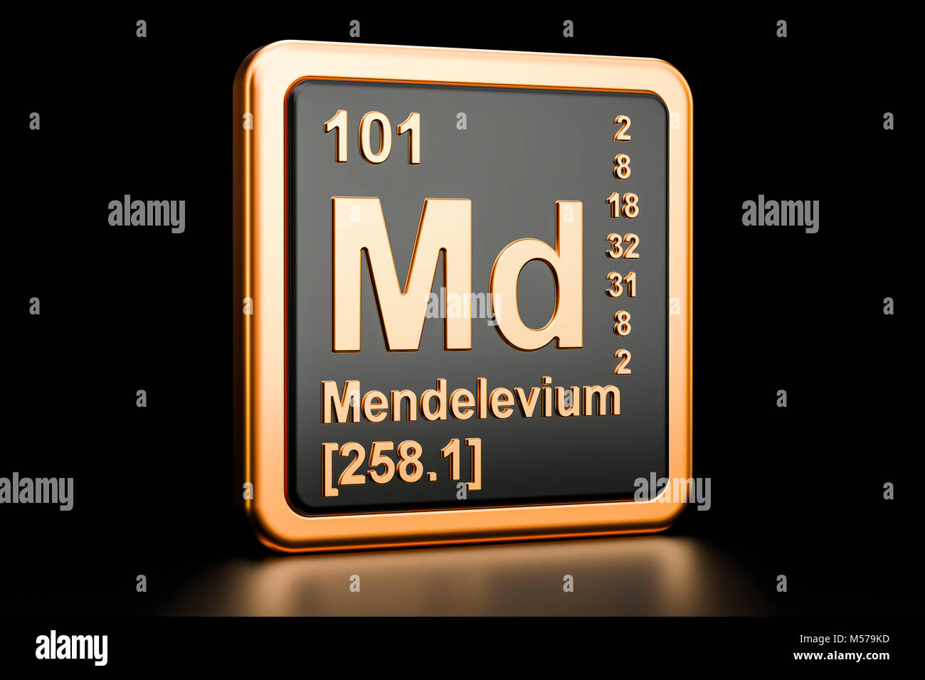 Mendelevium Md, chemisches Element. 3D-Rendering auf schwarzem Hintergrund Stockfoto