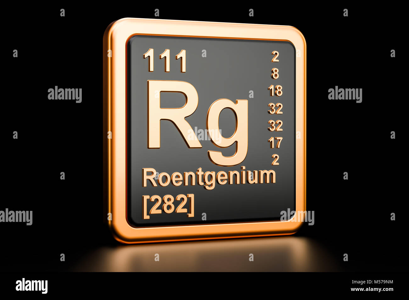 Roentgenium Rg, chemisches Element. 3D-Rendering auf schwarzem Hintergrund Stockfoto