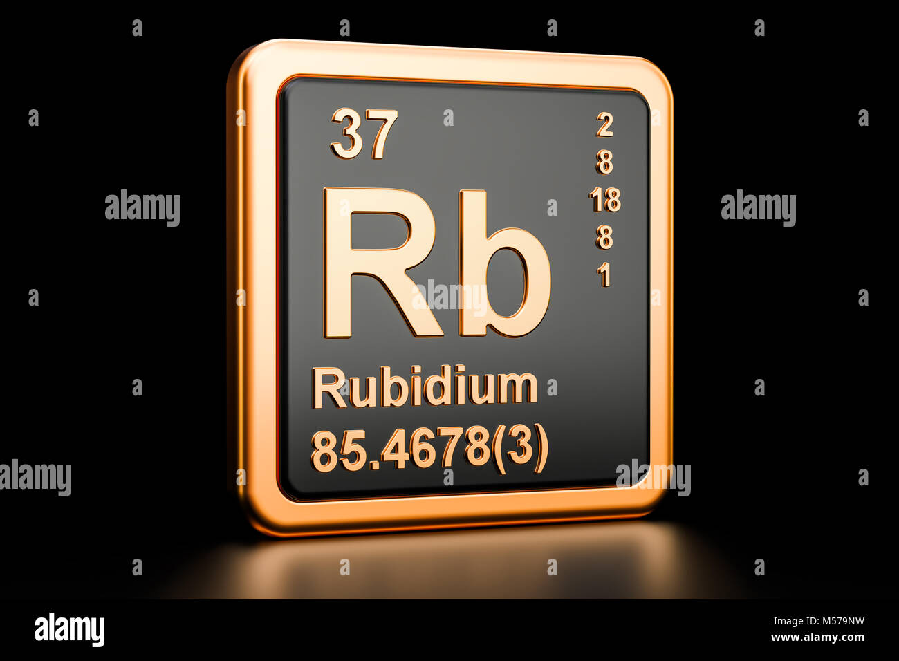 Rubidium Rb, chemisches Element. 3D-Rendering auf schwarzem Hintergrund Stockfoto