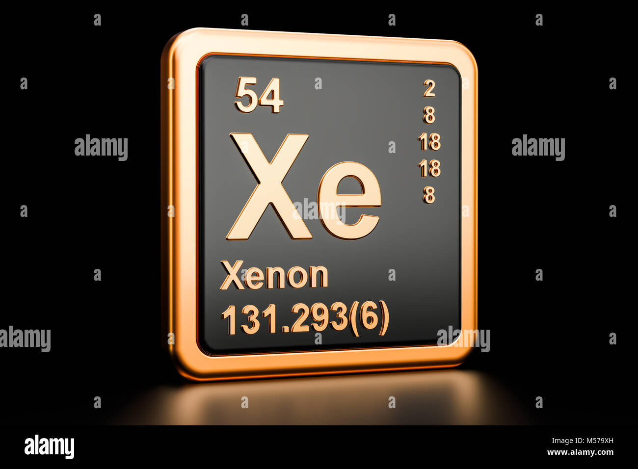 Xenon Xe, chemisches Element. 3D-Rendering auf schwarzem Hintergrund Stockfoto