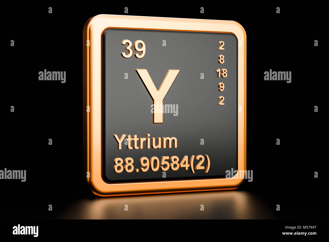 Yttrium Y, chemisches Element. 3D-Rendering auf schwarzem Hintergrund Stockfoto