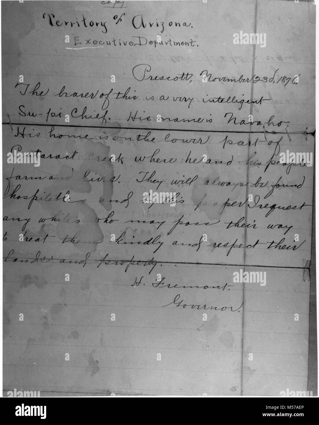 Grand Canyon Historischen. Kopieren eines Originaldokuments über CHIEF NAVAJO, DIE BESAGT, DASS ER IST GASTFREUNDLICH UND FORDERT, DASS DIE MENSCHEN DIE ACHTUNG DER SUPAI Grundstücke und Immobilien. Thema GOUVERNEUR FREMONT, Territorium von Arizona. Die fotokopie EINER DOPPELTEN DOKUMENT IN DEN BESITZ VON CHIEF DUDLY MANAKAJA, Leiter der HAVASUPAI INDIAN TRIBE. Fotokopie J.M. EDEN (). Etwa 23. NOVEMBER 1878 Stockfoto