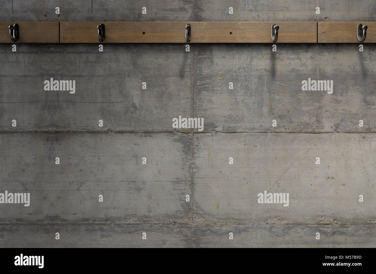 Eine leere Kleidung aufhängen Rack über eine leere Holzbank gegen eine  Betonwand in ein heruntergekommenes Schließfach ändern - 3D-Rendering  Stockfotografie - Alamy
