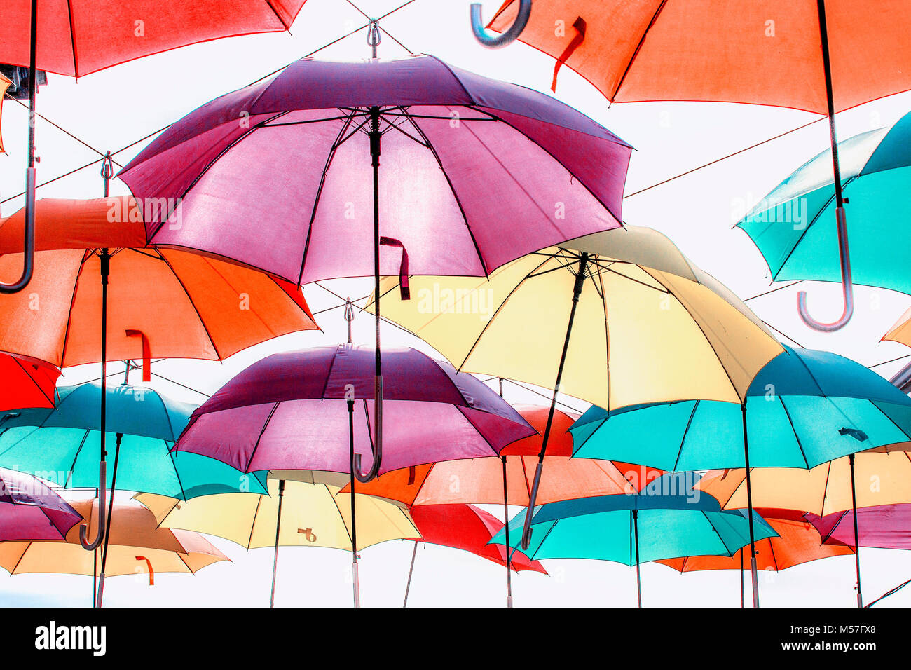 CS6-Filter um ein Foto Abbildung: mehrere bunte Sonnenschirme, die obenliegend von Kabeln angewendet. Stockfoto