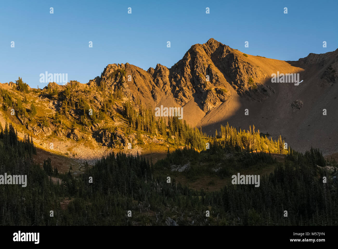 Grat über Moose Lake, fotografiert vom Camp während einer Rucksacktour in Grand Valley in Olympic National Park, Washington State, USA Stockfoto