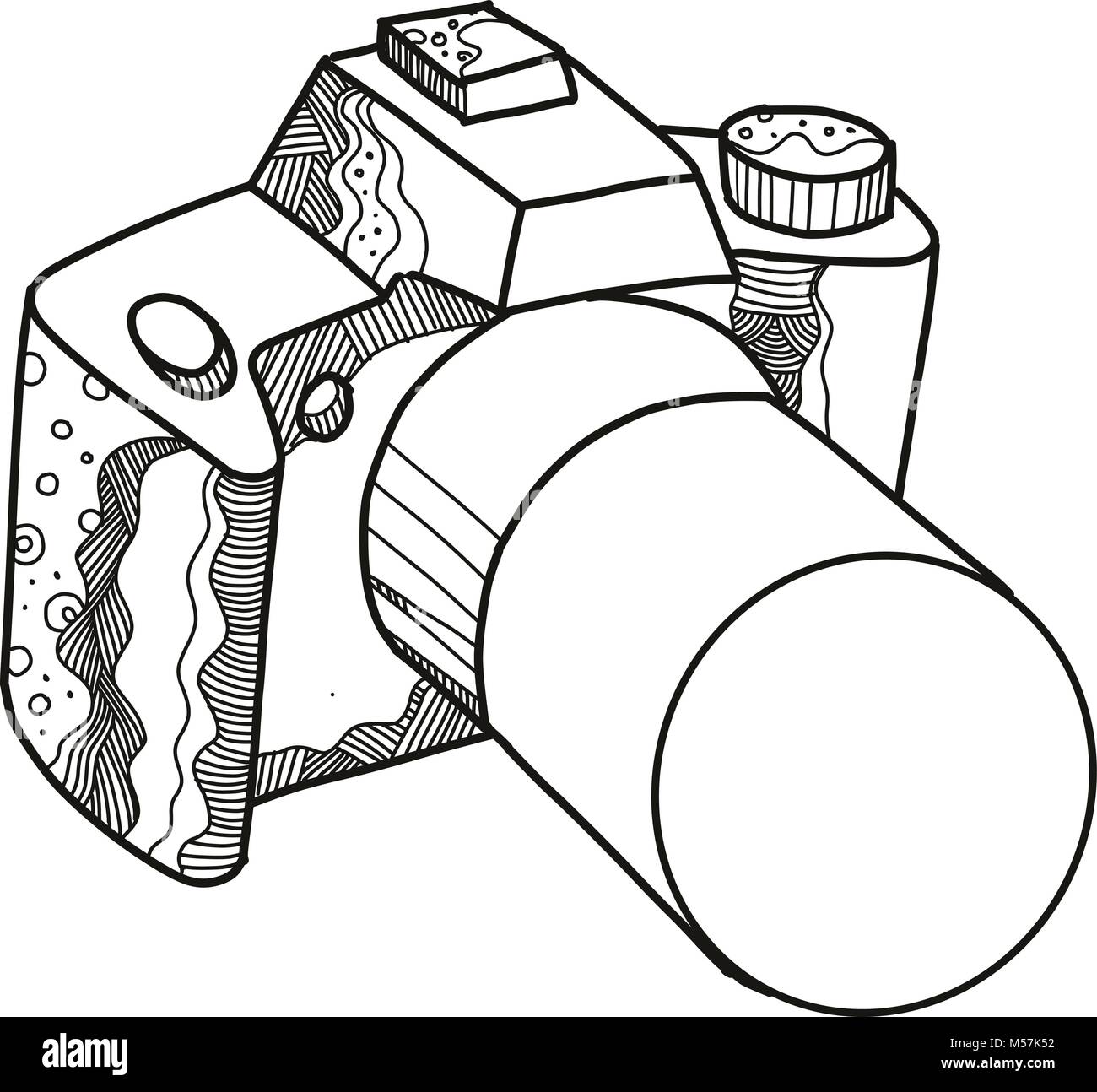 Doodle art Illustration einer DSLR-Kamera, digitalen Spiegelreflexkamera oder digitale Spiegelreflexkamera in Mandala Stil. Stock Vektor