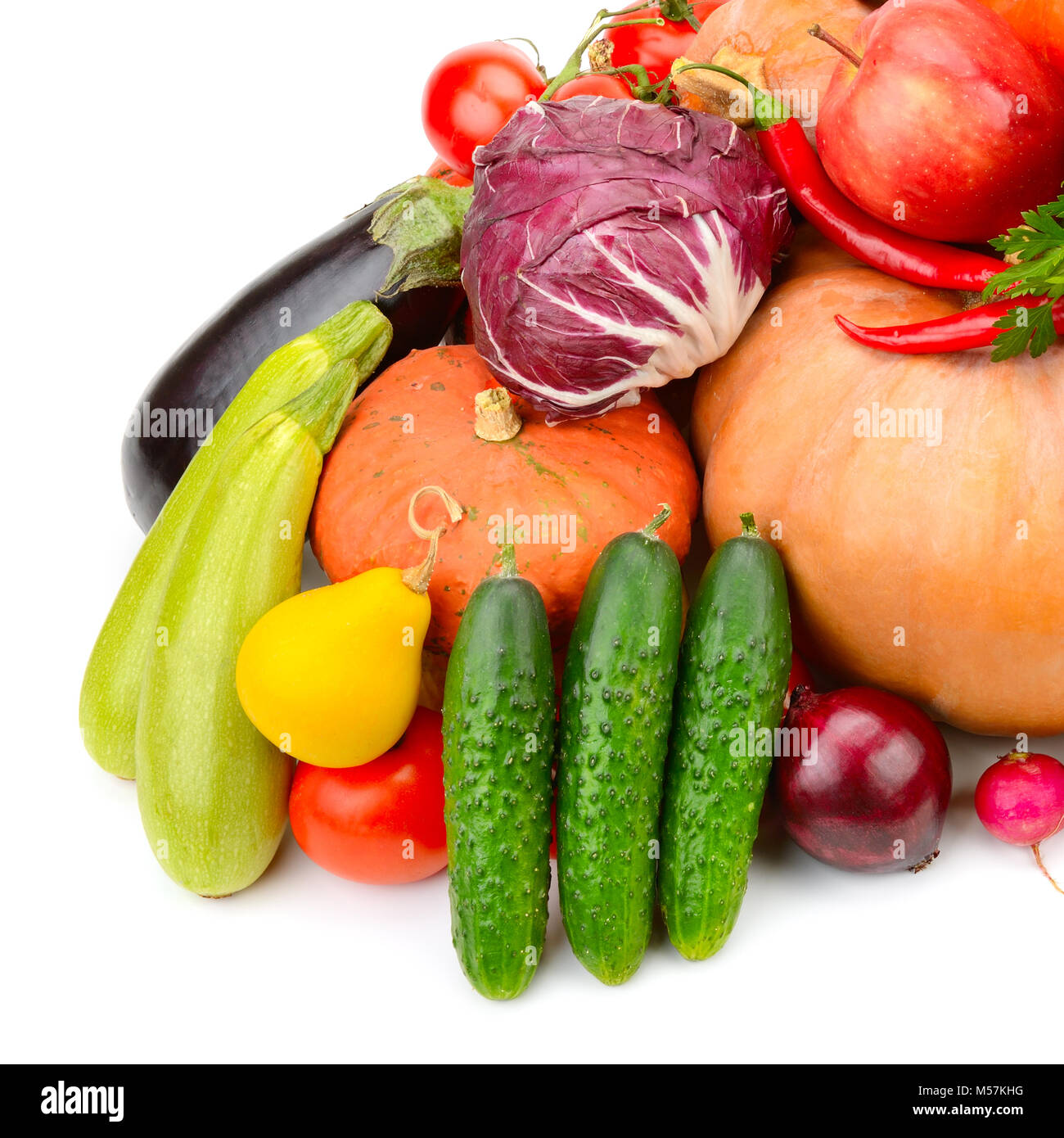 Sammlung von nützlichen Gemüse und Obst isoliert auf weißem Stockfoto