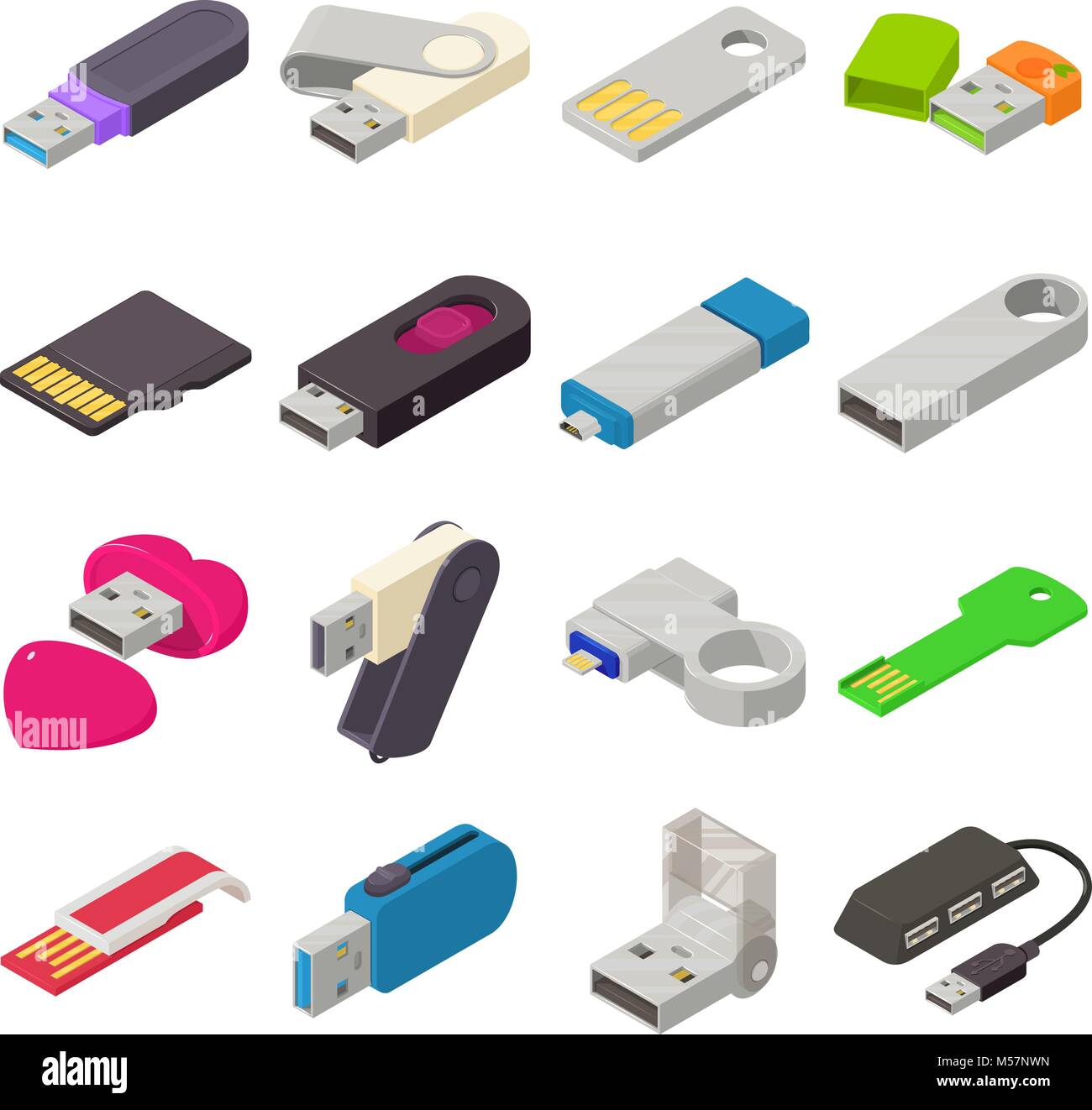 USB-Flash-Laufwerk Symbole gesetzt, isometrische Stil Stock Vektor