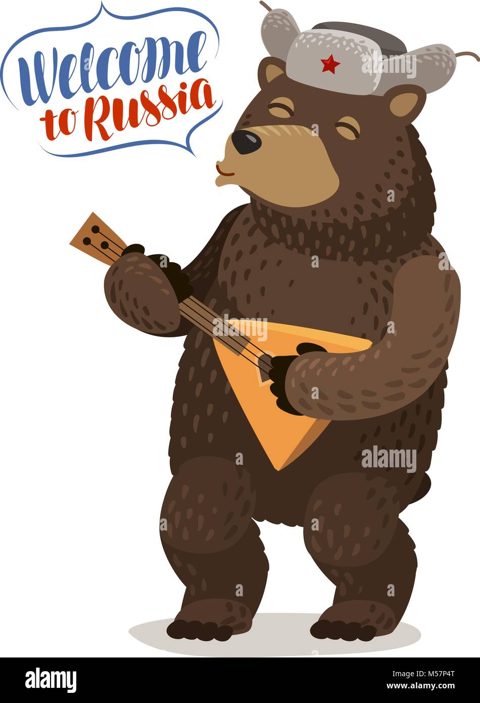 Lustige Russische Bär in Cap mit Ohrenschützern spielt Balalaika. In Russland Willkommen, Schriftzug Vector Illustration Stock Vektor