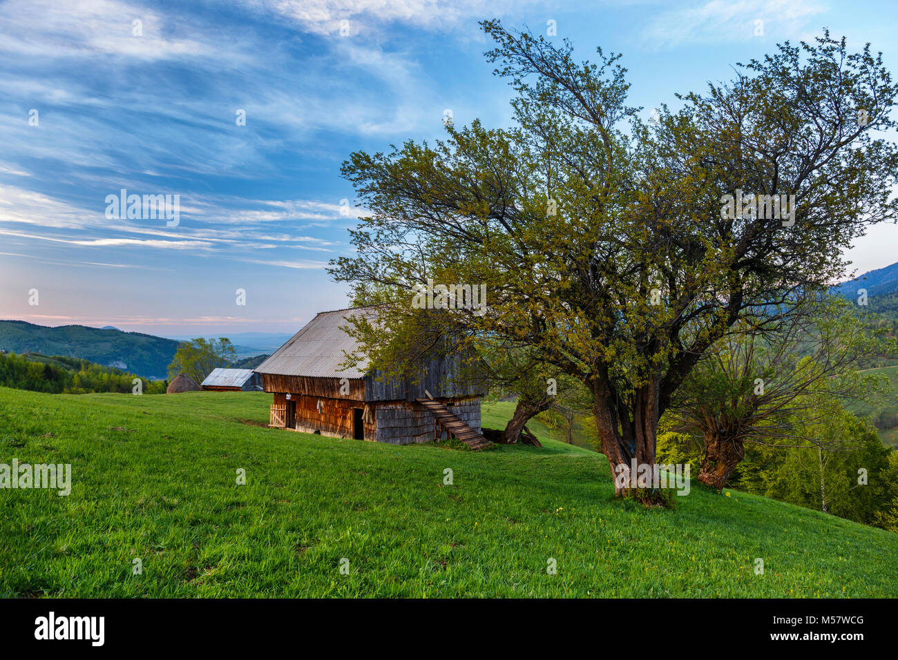 Ländlichen Bauernhof mit alten hölzernen Hütte bei Sonnenuntergang in der Nähe von Bran, Siebenbürgen, Rumänien Stockfoto