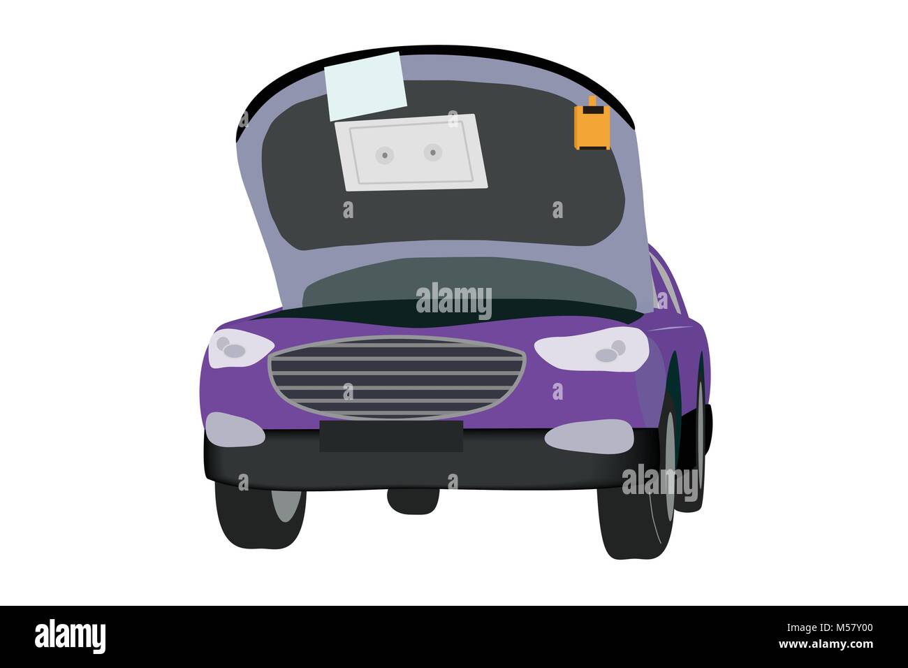 Der Vektor der Auto mit Werkzeugen zu reparieren es und mit offenen Motorabdeckung Abbildung: Auto in der Werkstatt mit offener Motorhaube untersuchen oder Stock Vektor