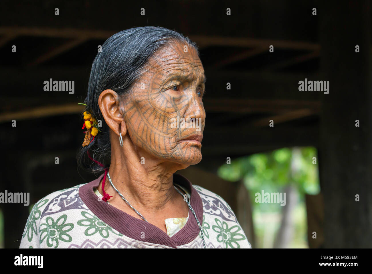 Eine ältere Frau tätowiert Kinn, in einem Dorf flussaufwärts von Mrauk U Stadt. Staat Chin, Myanmar Stockfoto