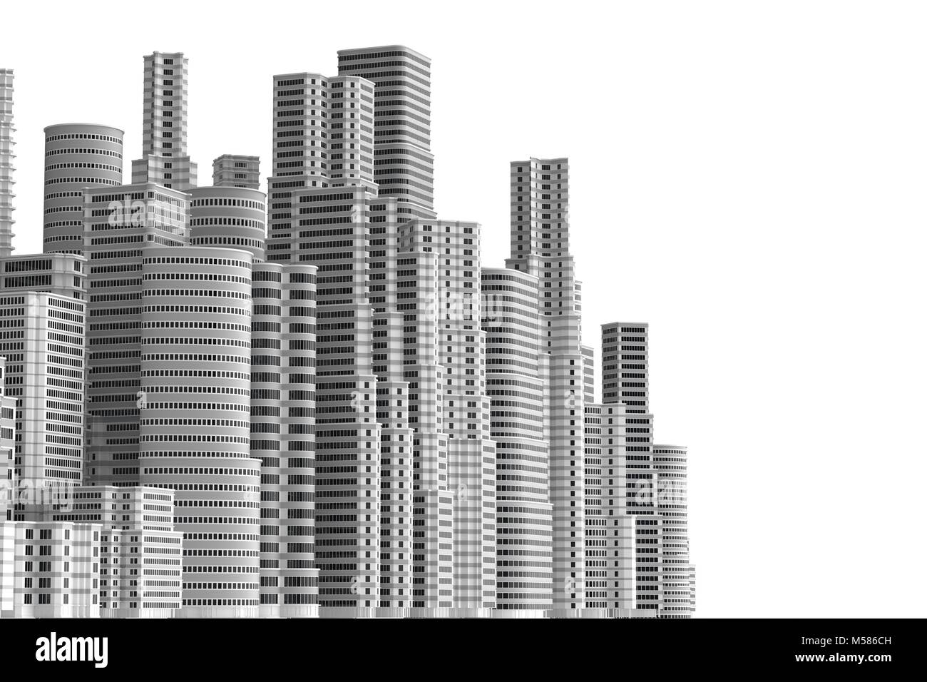 Wolkenkratzer auf weißem Hintergrund. 3D-Darstellung Stockfoto