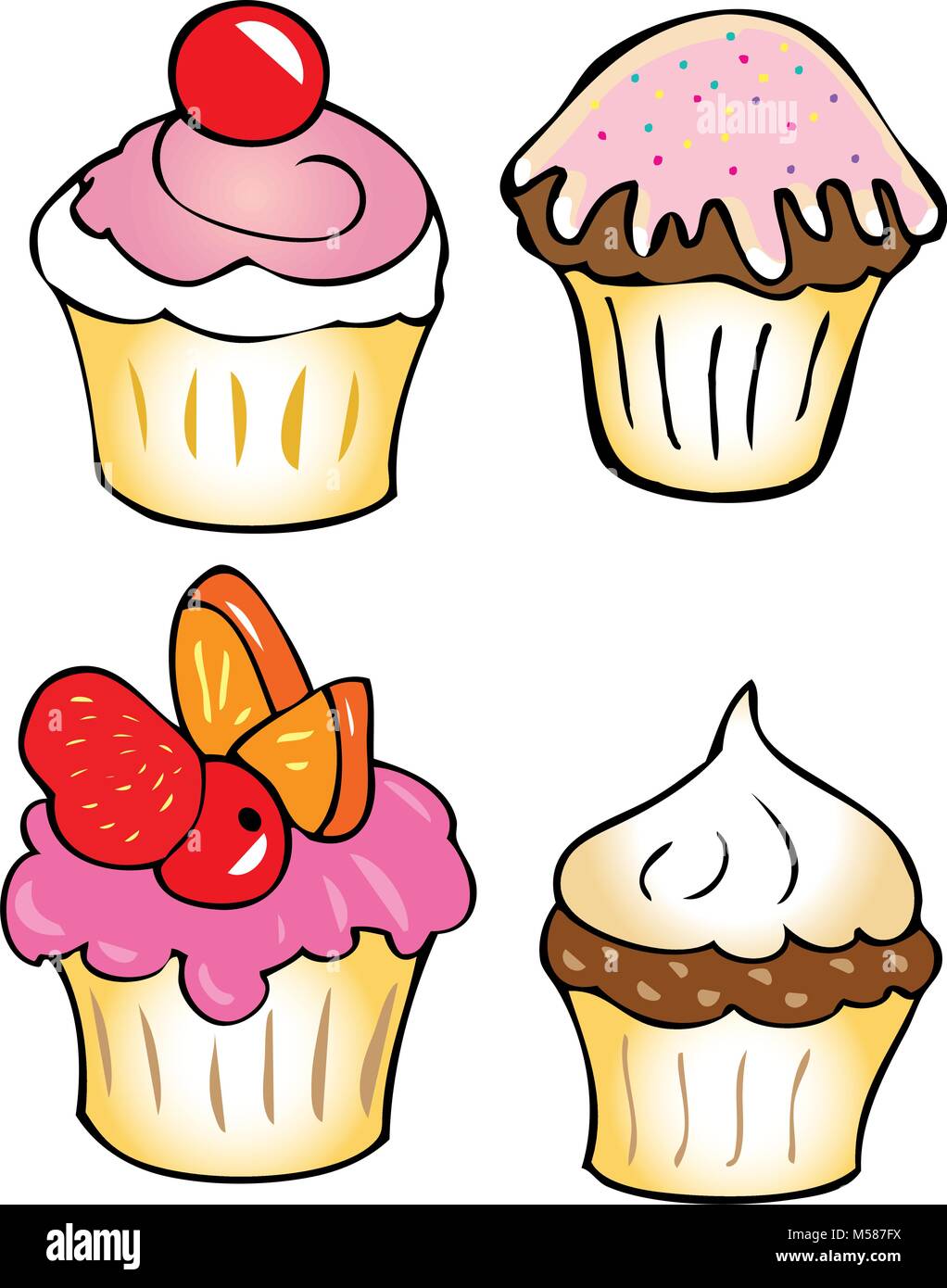 Vier leckere Cupcakes mit Zuckerglasur und Obst Stock Vektor
