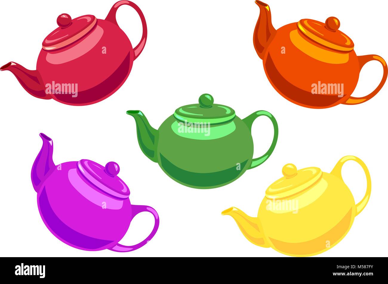 Fünf Teekannen in den Farben rot, orange, lila, gelb und grün Stock Vektor
