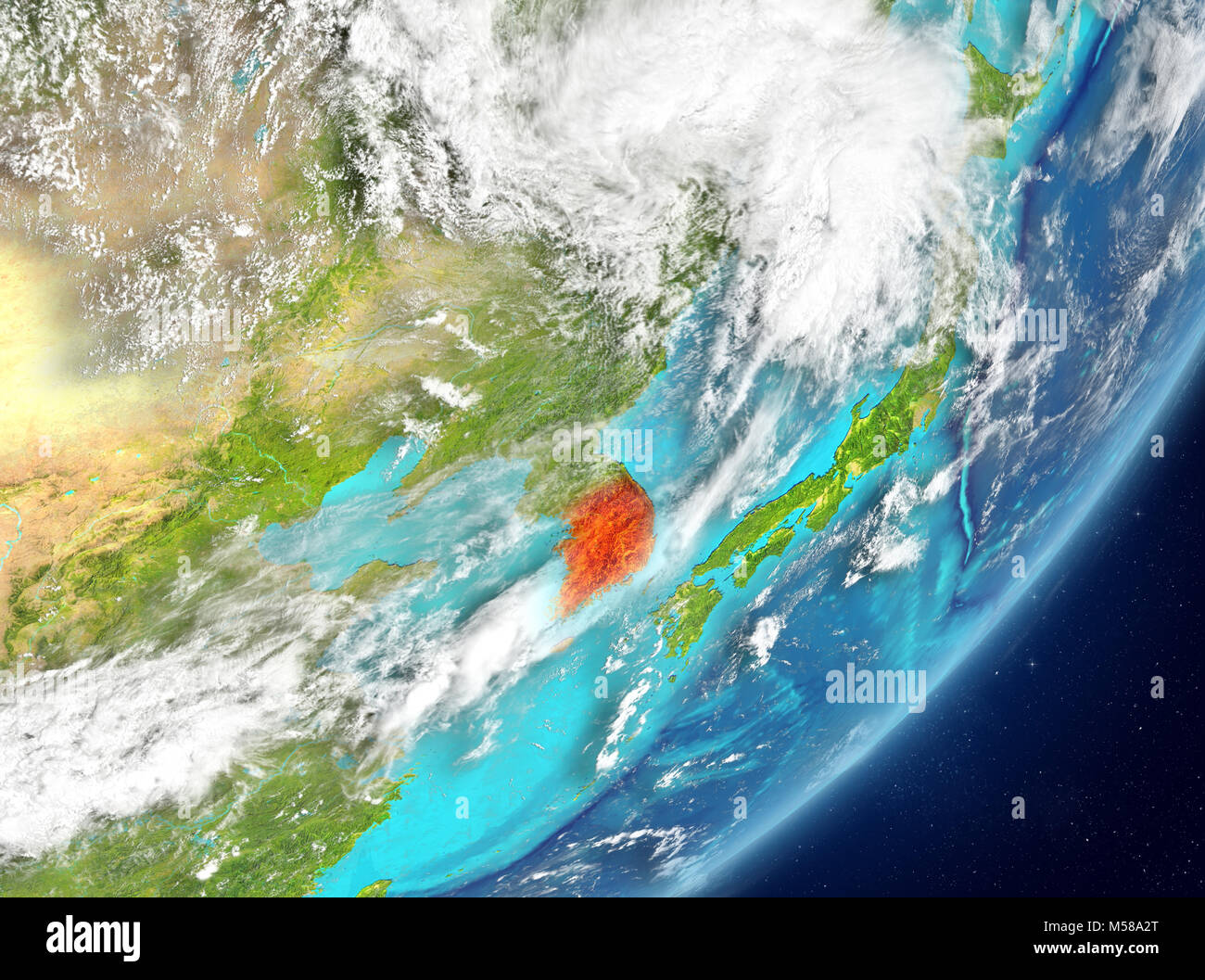Satellitenansicht von Südkorea in Rot hervorgehoben auf dem Planeten Erde mit Wolken. 3D-Darstellung. Elemente dieses Bild von der NASA eingerichtet. Stockfoto