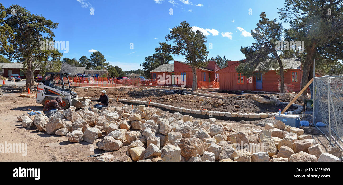 Grand Canyon National Park Bright Angel Trail Rehabilitation. März 6, 2013. Bau einer Landschaft oder der Vegetation Puffer zwischen Bright Angel Trail Parkplatz und der Bright Angel Kabinen. Landschaftsbau/Rekultivierung: Grand Canyon National Park-Richtlinie schreibt vor, dass alle Pflanzen müssen genetisch Reinen zu sein. Alle Pflanzen wurden entweder aus gesammelten Samen gewachsen oder in den Park geborgen. Der Park vegetation Personal, allein mit der Hilfe von Freiwilligen und Studenten Conservation Association bis zu 10.000 Pflanzen innerhalb der zuvor gestörten Bereich Anlage wird. Native pl Stockfoto