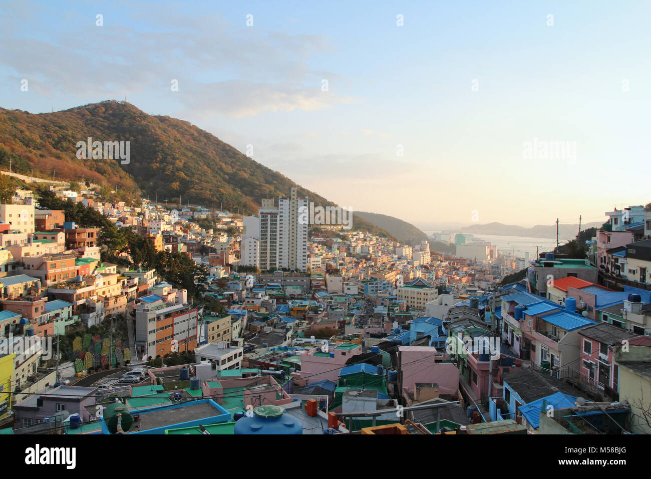 Gamcheon Kultur Dorf, die Häuser in der Treppe - Mode auf dem Ausläufer einer Küstengebirge bei Sonnenuntergang im Herbst, Busan, Südkorea Stockfoto
