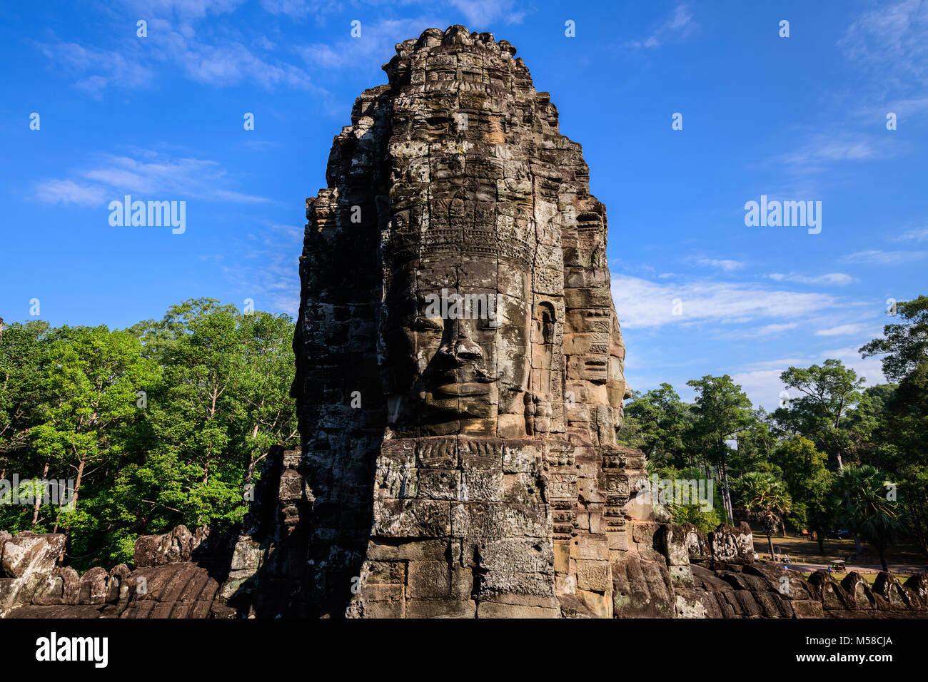 Stein Gesichter des Bayon Tempel, Angkor Thom, Siem Reap, Kambodscha Stockfoto