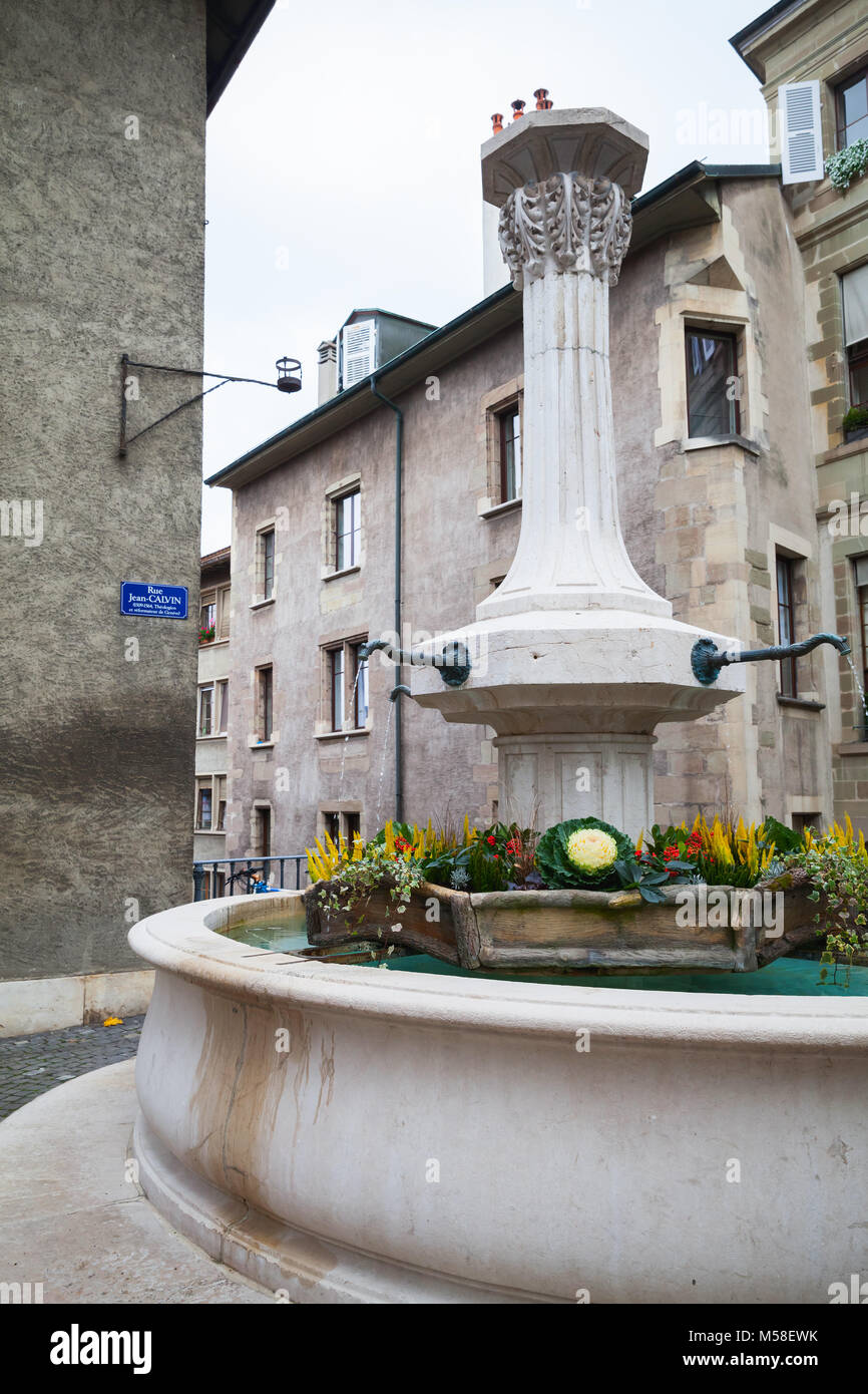 Street Fountain in der Altstadt von Genf, Schweiz Stockfoto