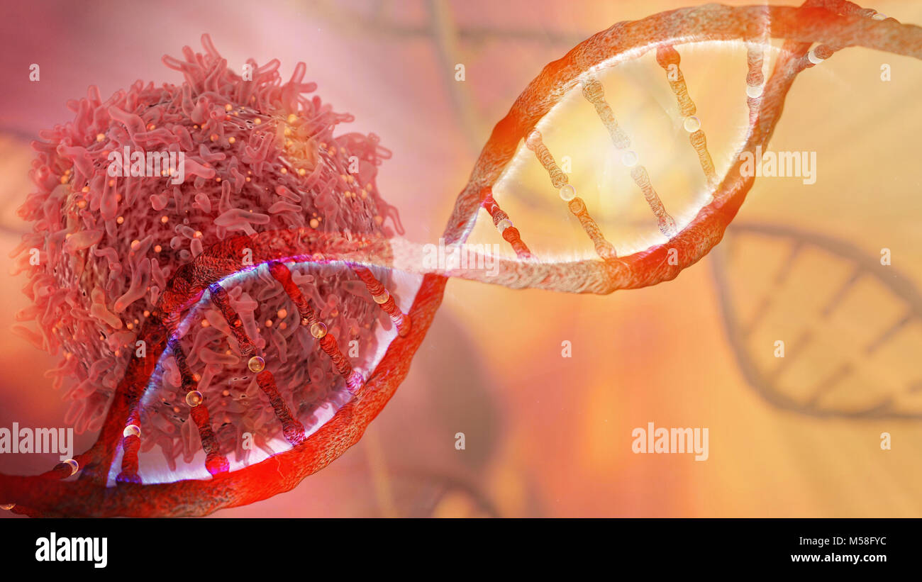 DNA-Strang und Krebszelle Onkologie Forschung Konzept 3D-Rendering Stockfoto