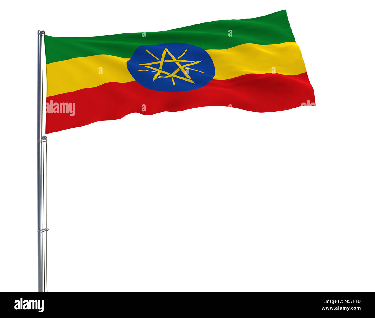 Flagge Äthiopien auf dem Fahnenmast im Wind flattern auf einem weißen Hintergrund, 3D-Rendering Stockfoto