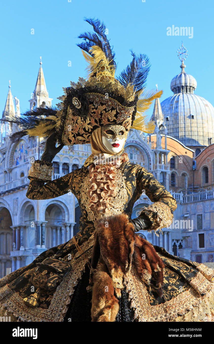 Eine liebenswürdige Dame in einem wunderschönen traditionellen Kleid während des Karnevals von Venedig vor Saint Mark's Basilika in Venedig, Italien Stockfoto