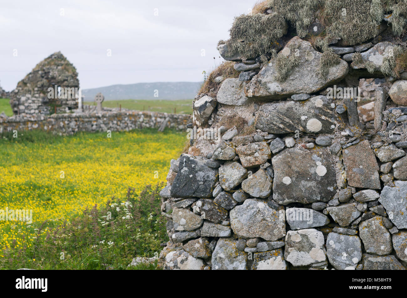 Moos und Flechten bedeckt verfallenen Mauern des alten Kapellen Howmore und Friedhof auf der Isle of South Uist, Äußere South Uist churcebrides, Schottland, Großbritannien Stockfoto