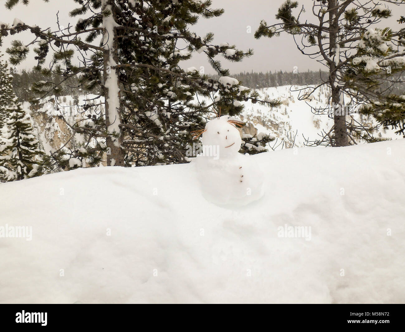 An der Seite der Straße im Yellowstone National Park Schneemann im Winter. Stockfoto