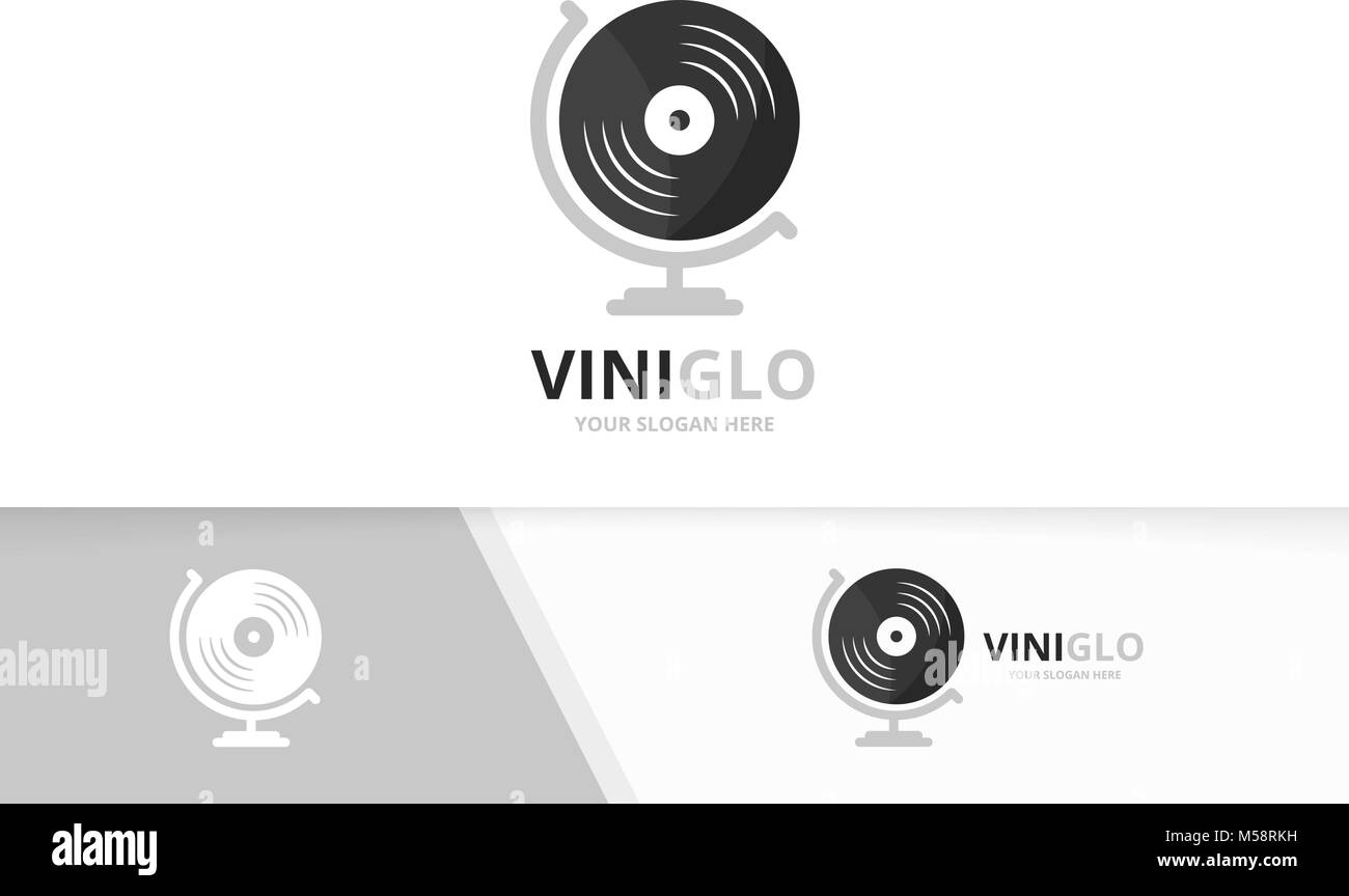 Vektor vinyl und Globe logo Kombination. Record planet Symbol oder Icon. Einzigartige musik album Logo Design Template. Stock Vektor