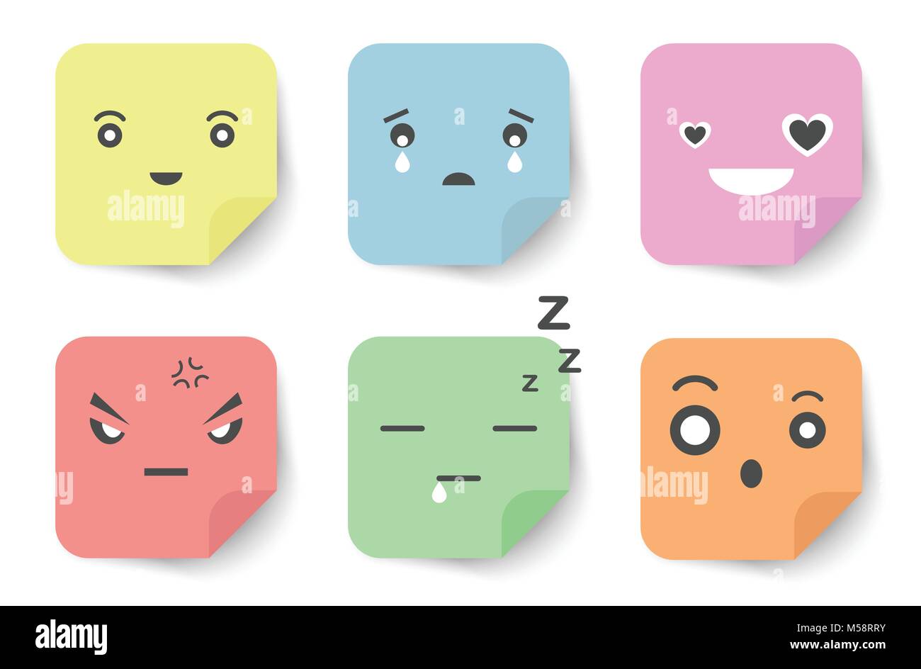 Ausdruck Gesichter auf Haftnotizen. Flach- und Pastelltönen. Vektor. Stock Vektor