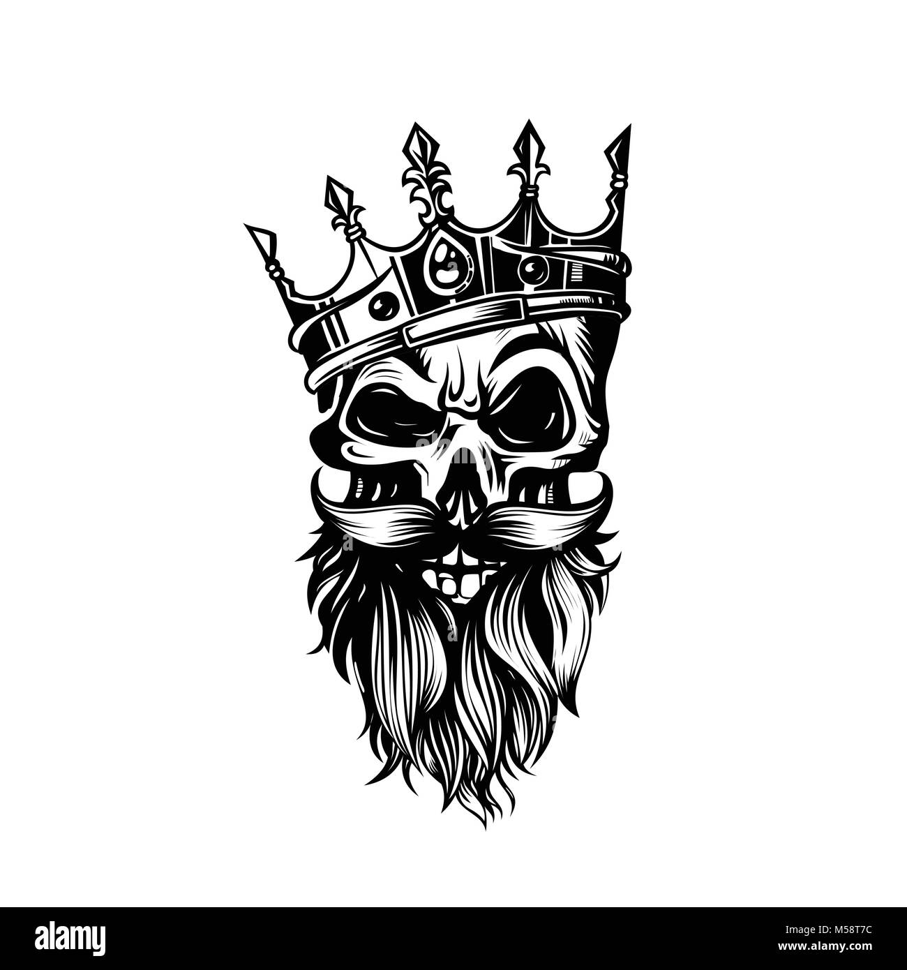 Schwarze und weiße Schädel in der Krone mit Bart Vector Illustration. Stock Vektor