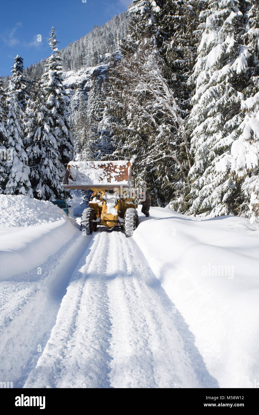 02/19/2018 Snow event. Ein Caterpillar 950 mit Gummibereifung artikuliert Lader Schneeräumen auf einem Berg Straße nördlich des Noxon, in Sanders County Montana. Stockfoto