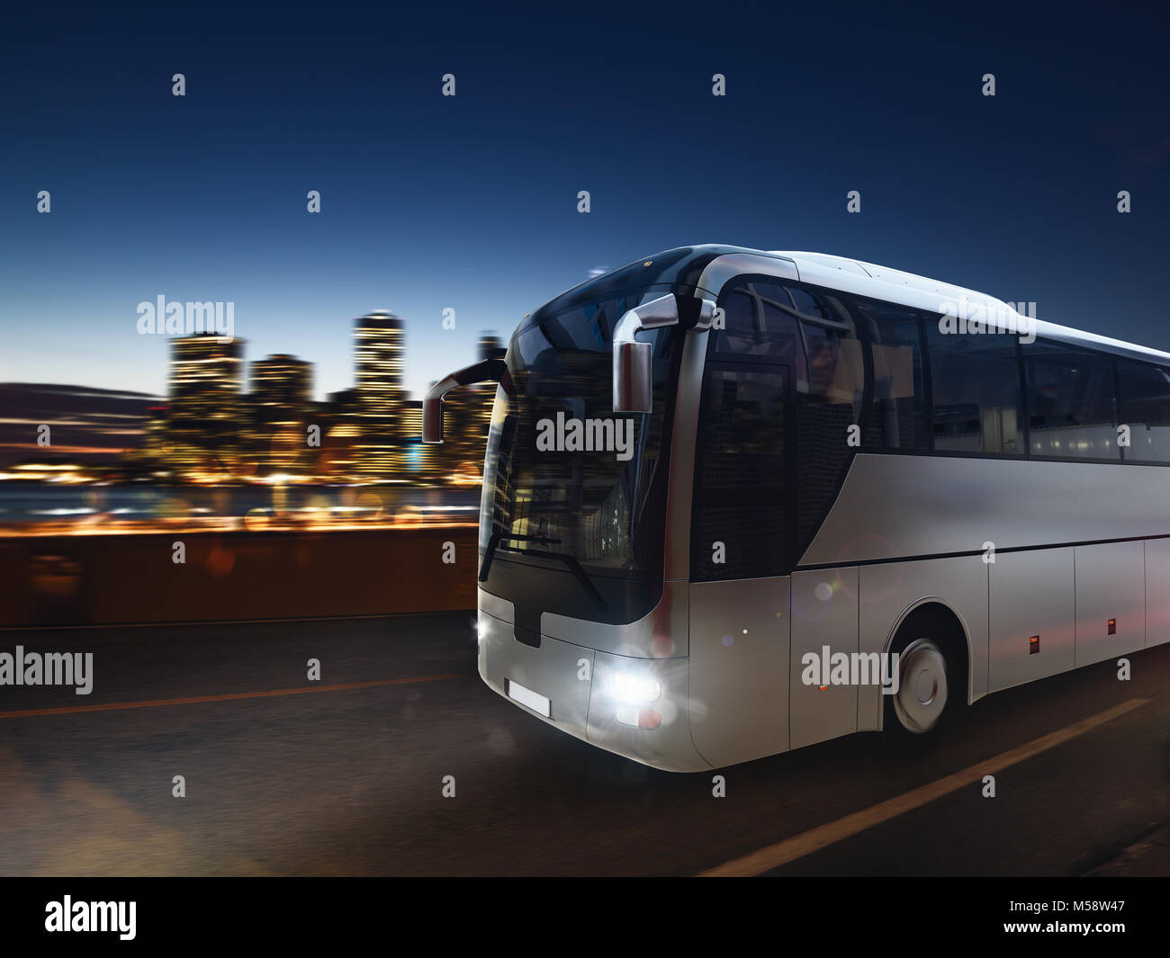 Bus auf der Straße bei Nacht mit Stadt Landschaft. 3D-Rendering Stockfoto